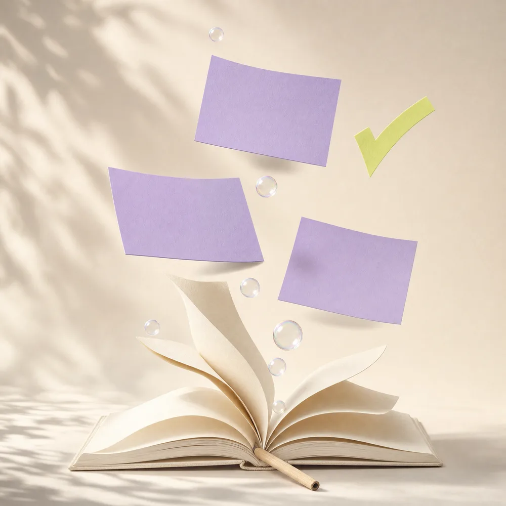 Lavender flashcards and bubbles rising from an open notebook